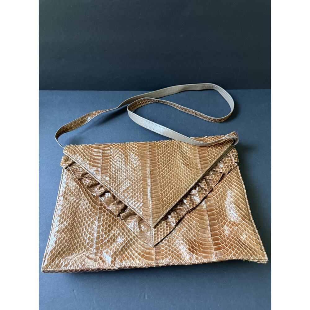 Vintage Towanny Snakeskin Reptile Handbag Envelope Clutch Shoulder Brown Capsule